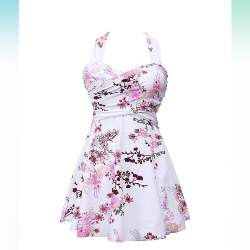 COCOPEAR Women's Elegant Crossover One Piece Swimdress Floral Skirted Swimsuit